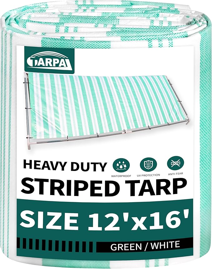 TARPAL Heavy Duty Poly Tarp 12x16 Feet 12mil Striped tarp Multipurpose Protective Cover Durable, Waterproof, Weather Proof, UV,Rip and Tear Proof（Green/White）