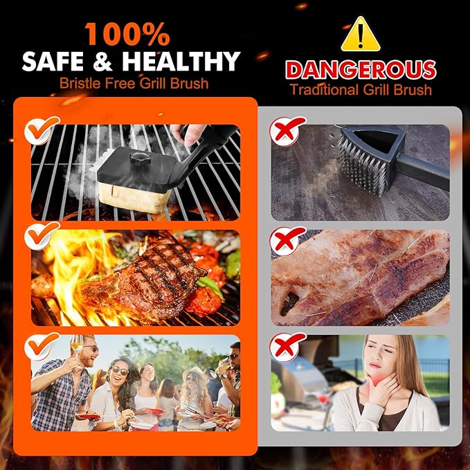 1+2PCS Bristle Free Grill Brush Non Metal Bristles for Outdoor Grill, Upgraded Safe No Wire Steam Brush with Scraper Replaceable Head, BBQ Sponge Grilling Cleaner for Dad