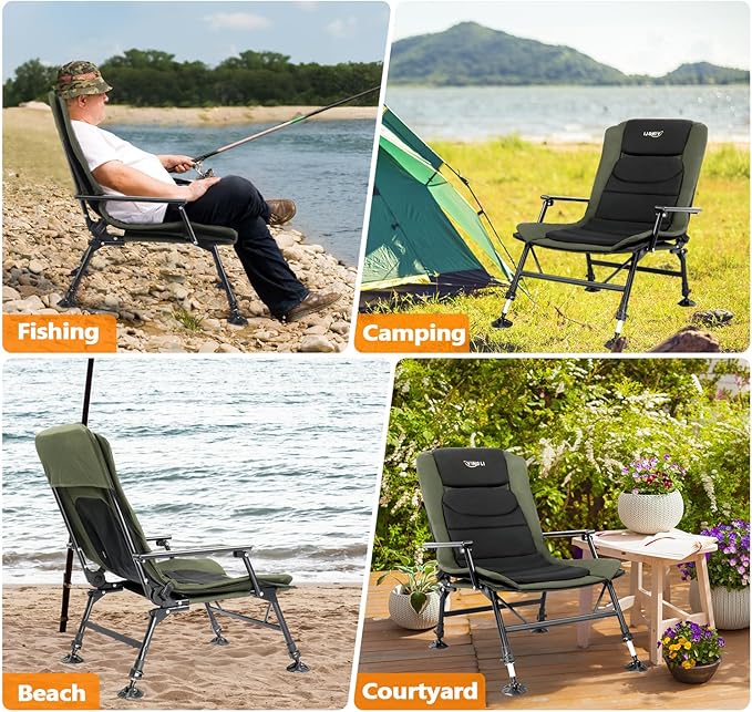 VINGLI Oversized Fishing Chair Heavy Duty Support 440 LBS, 160° Freely Adjustable Reclining Folding Chairs, Lounge Travel Outdoor Seat with High Back for Fishing Camping or Leisure