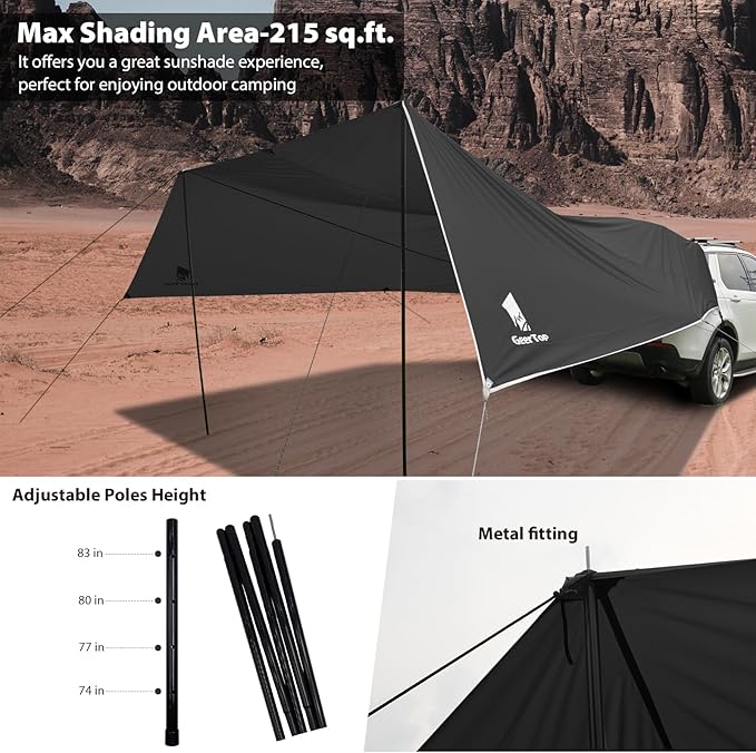 GEERTOP Large Car Awning Tarp for Camping Backpacking Tarp SUV Tailgate Truck Canopy Sun Shade Waterproof Outdoor Rear Vehicle Awning Shelter for Van, MPV, Campers