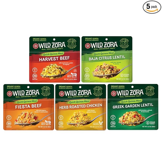 Wild Zora Organic Quinoa Bowls - Quick Prepared Meals, Instant Tasty Bowls, Pantry Staples Gluten-Free Meal with Lentils Plus 10g Olive Oil Packet - Variety (5-Pack)