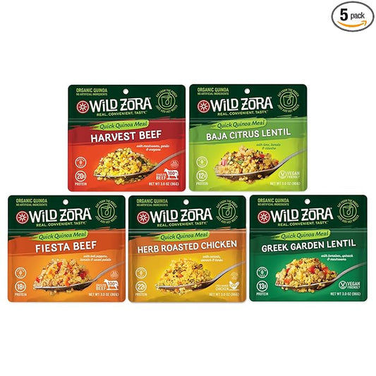 Wild Zora Organic Quinoa Bowls - Quick Prepared Meals, Instant Tasty Bowls, Pantry Staples Gluten-Free Meal with Lentils Plus 10g Olive Oil Packet - Variety (5-Pack)