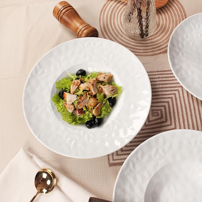 Porcelain Soup Bowls soup Plate Pasta Bowl Set of 4 Shallow Bowl Plates, 9.8 oz Rimmed Bowls with Rim, Microwave ovens and refrigerators safe Gemstone 10.6 Inch