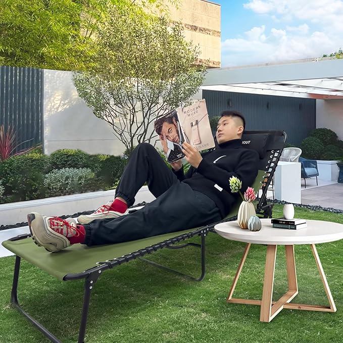 Folding Lounge Chair Outdoor with Insulated Cooler Bag Portable for Outside Patio Chaise Lounge Chair 5-Position with Pillow for Beach Sunbathing Pool Camping Lawn