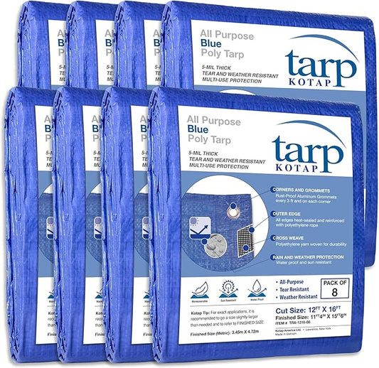 Kotap 12 x 16 Ft. All-Purpose Multi-Use Protection/Coverage 5-mil Poly Tarp, Waterproof, Blue, 8-Pack (TRA-1216)