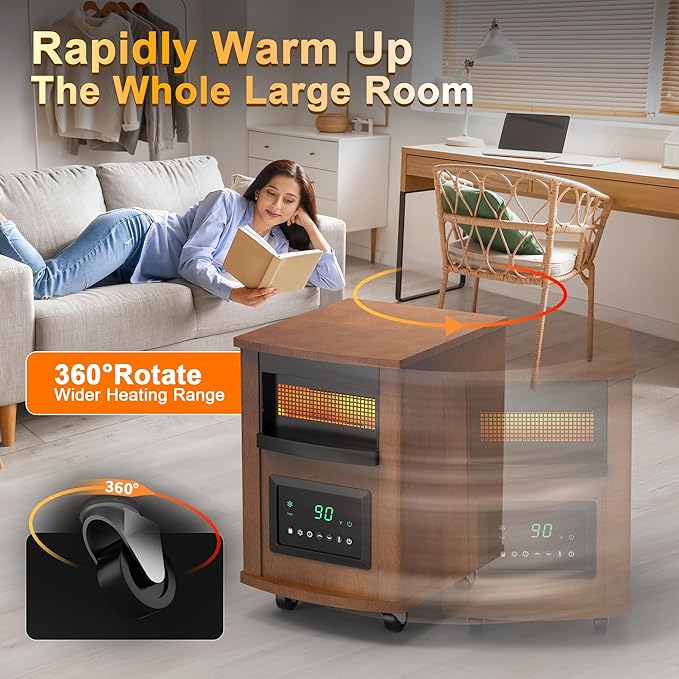 1500W Realsmart Space Infrared Heater for Indoor Use Large room Electric Quartz Heater with Remote Control Wheels LCD Display 3 Heating Modes 12H Timer Overheat Tip Over Protection Safe Coffe Brown