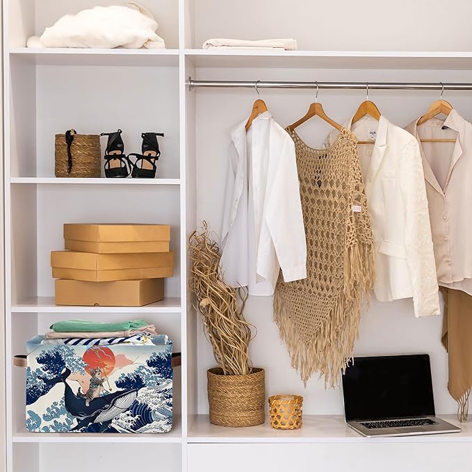 Funny Cat Riding Whale Collapsible Storage Basket - Cute Cat Whale Storage Box with Handles, Foldable Organizer for Toys & Clothes - Decorative Gift Basket for Nursery, Kids Room, Home Organization