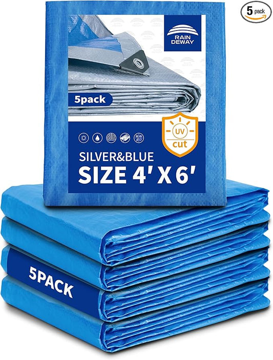 Small Tarps 4x6 Feet (5 Pack), 5.5 Mil Thick, Multipurpose Waterproof Poly Tarp Cover with Metal Grommets and Reinforced Edges, Silver/Blue Tarp by RAINDEWAY