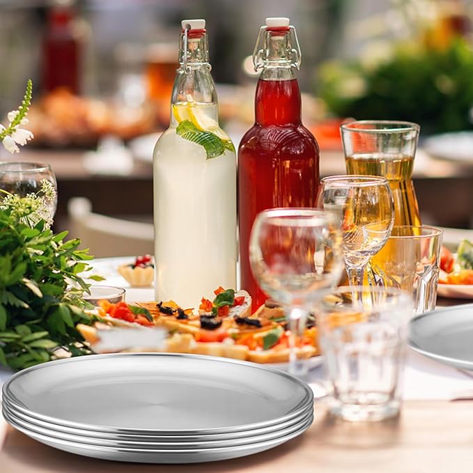 Homikit 6 Pack Stainless Steel Plate Set, 10.2 Inch Metal Kids Dinner Plates for Children Adult, Round Camping Plates for Serving Dishes Dessert Salad, Non Toxic & Reusable, Dishwasher Safe