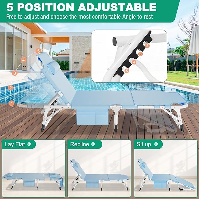 LILYPELLE Portable Folding Camping Cot, Adjustable 5-Position Face Down Folding Chaise Lounge Chairs, Outdoor Portable Bed Sleeping Cot for Camping, Pool, Beach, Patio