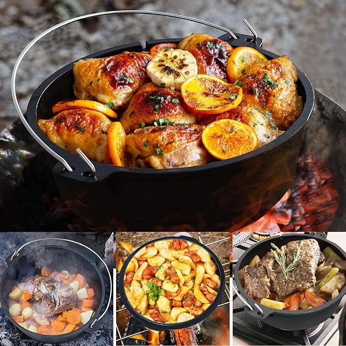 Camping Dutch Oven,12 Qt Pre-Seasoned Camping Cookware Pot with Lid - Lid Lifter, Cast Iron Dutch Oven with Metal Handle for Cooking BBQ Baking Campfire Modern Black