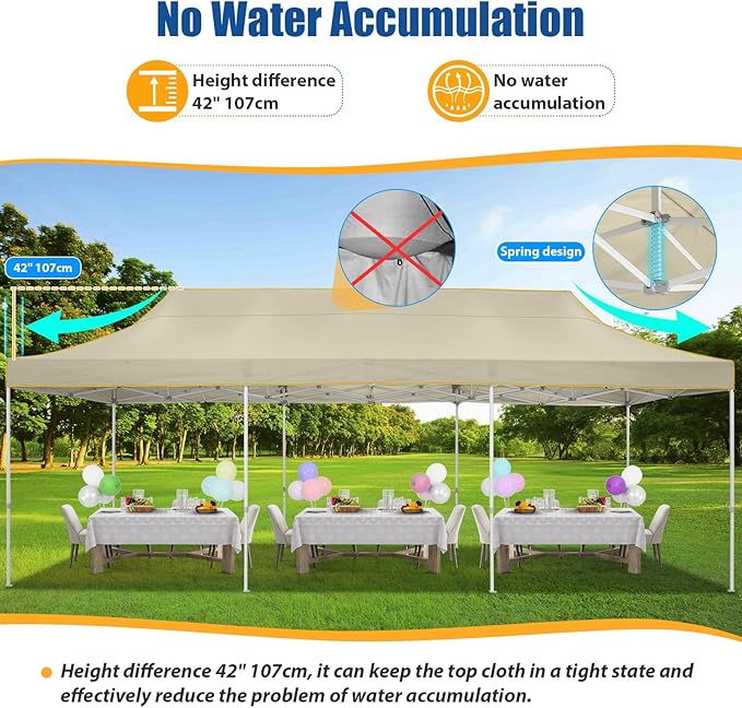 HOTEEL 10x30 Pop up Canopy Tent for Parties, Heavy Duty Easy Setup Tent Without Sidewalls, Outdoor Commercial Instant Gazebo for Wedding Event, with Portable Bag, Khaki(Hexagonal Frame)