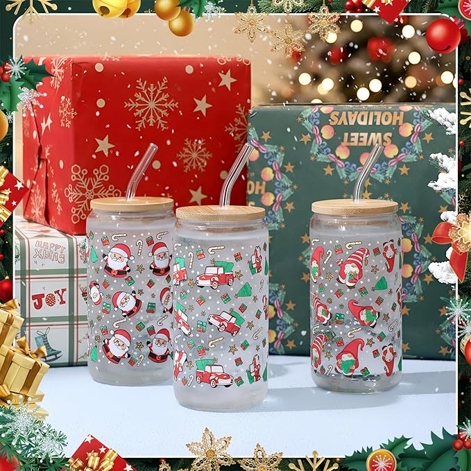 24 Pcs Christmas Color Changing Cups with Lids and Straws 16 oz Christmas Glass Tumblers Xmas Iced Coffee Cup Can Shape Drinking Glasses for Xmas Gift Party Favors Decor (Red Green Pattern)