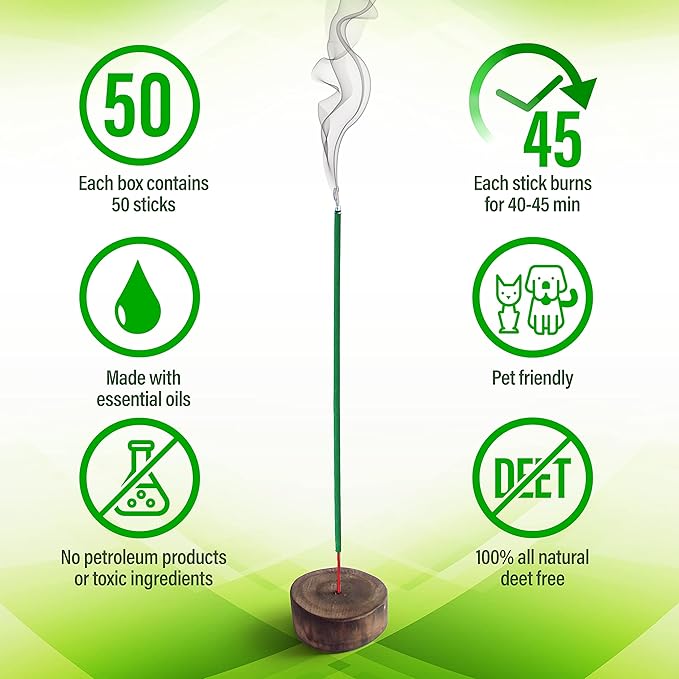 Mosquito Repellent Incense Sticks 50 Pieces per Box, for Patio/Natural Ingredients Citronella Oil/Lemongrass Oil/Made with Natural Based Essential - DEET Free Outdoor