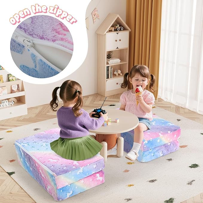 MeMoreCool Foldable Floor Mattress for Kids, Glow Toddler Nap Mat for Sleeping and Daycare, Portable Trifold Futon Mattress Floor Bed, Rainbow Unicorn