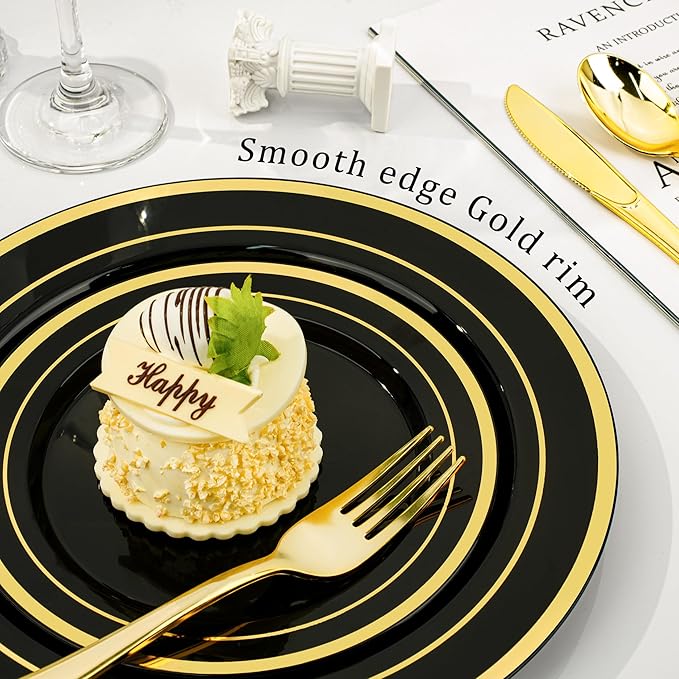 600PCS Black Gold Dinnerware Set for 100 Guests, Plastic Plates for Halloween Party and Christmas, 100 Disposable Plates, 100 Dessert Plates, 100 Cups, 100 Spoons, 100 Forks and 100 Knives