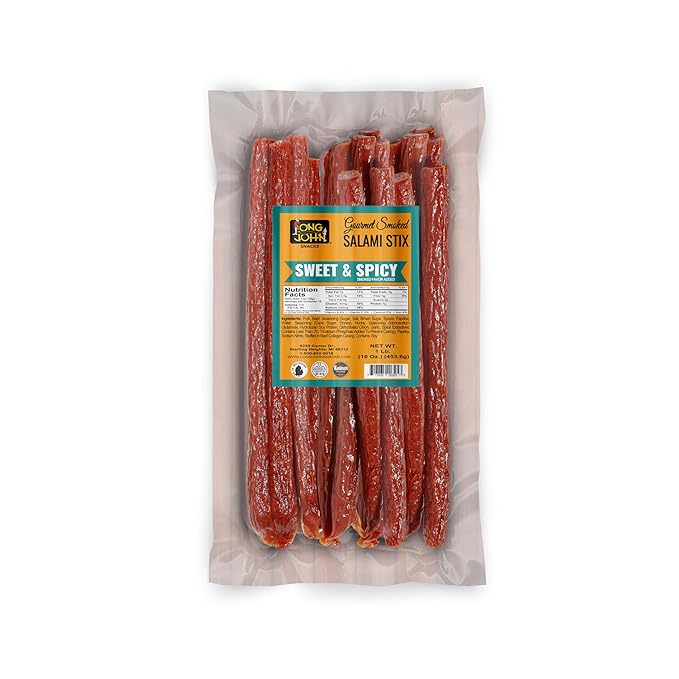Long John Snacks Dried Salami Sticks - High Protein Smoked Meat Sticks Bulk Pack - Made From Fresh Premium Cuts of USA Beef and Pork - Low Carb, Gluten-Free, Keto Snacks - Sweet and Spicy, 16 Oz