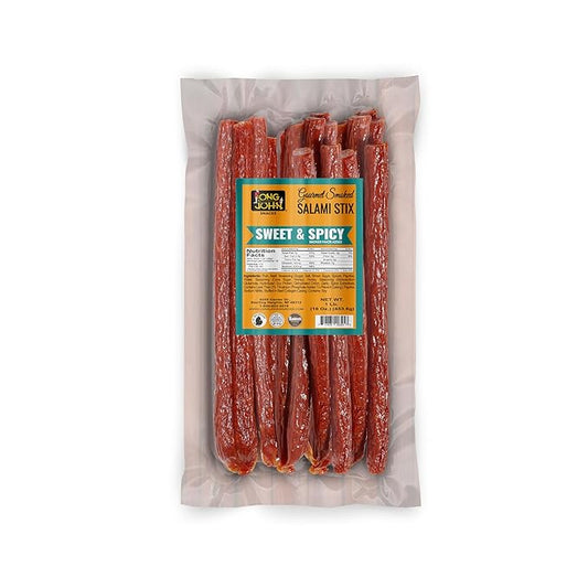 Long John Snacks Dried Salami Sticks - High Protein Smoked Meat Sticks Bulk Pack - Made From Fresh Premium Cuts of USA Beef and Pork - Low Carb, Gluten-Free, Keto Snacks - Sweet and Spicy, 16 Oz