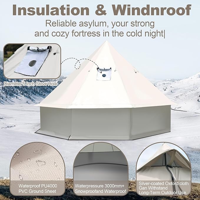 9.8 * 9.8 * 6.6 FT Yurt Tent 2-4 Person Glamping Bell Tent, 4 Seasons for Camping Tents withBreathable Waterproof Design and Stove Jack, for Family Camping Outdoor Hunting Party