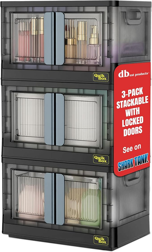 Quik Box - 8.5 Gallon 3-Pack Stackable Storage Bins with Doors & Wheels - Collapsible Organizer for Dorms, Bedroom & Home - Durable Polystyrene - Black