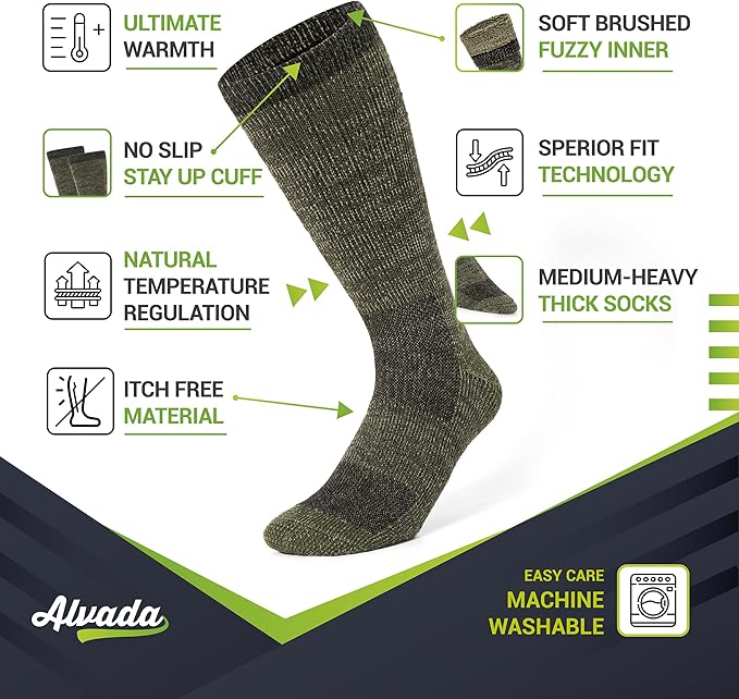 Alvada Merino Wool Hiking Socks Thermal Warm Crew Winter Boot Sock For Men & Women 3 Pairs