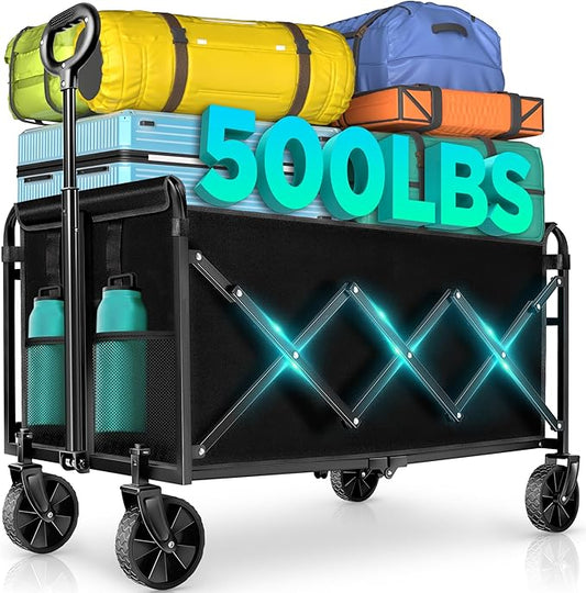 Wagons Carts Foldable, Collapsible Wagon Cart with Wheels, Large Wagons Carts Foldable with Wheels for Sand Sports Camping Grocery, Black