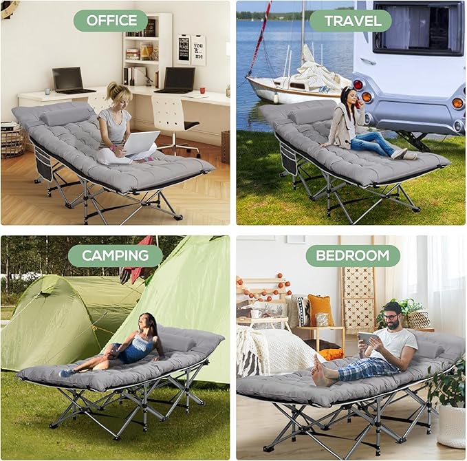 2 Pack Wide Folding Camping Cots with Pillow & Extra Thick 3 Inch Matress, Cots for Sleeping 900 LBS, Camping Bed for Adults with Cushion, Sleeping Cot (Grey)