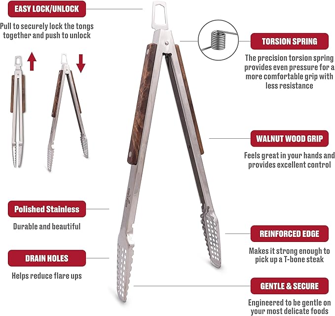 Stainless Steel BBQ Grill Tongs - 9", 12" & 16" Sizes, Real Walnut Wood Handle - Durable Grilling Accessory, Easy to Clean - 3-Pack