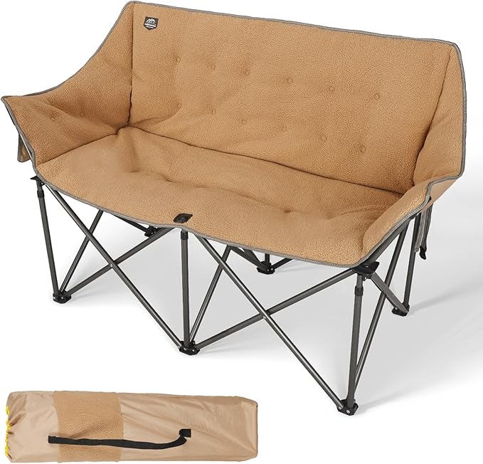 Fuzzy Oversized Folding Double Camping Chairs,Heavy Duty Supports 600 Lbs,Comfy Portable Loveseat for Adults w/Mesh Pocket,Plush Fleece-Lined Lawn Couch for Outdoor/Indoor,Light Moca