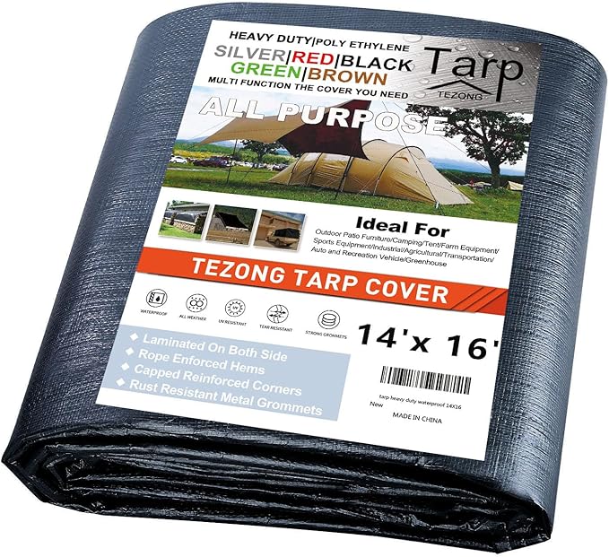 TEZONG Heavy Duty Waterproof 14x16ft Black Tarp, 12MIL Polyethylene, UV Resistant, Ideal for Camping, Hunting, Emergency Preparedness