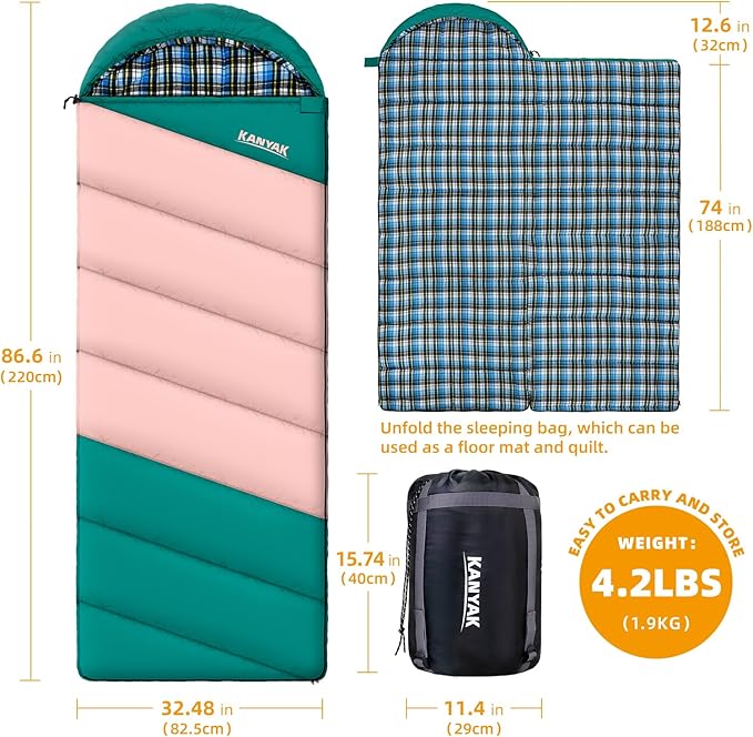 Cotton Flannel Liner Sleeping Bag for Adults Teens Kids, Cold Weather & Warm, 3-4 Seasons, Lightweight Compact Camping Essentials Equipment, Hiking, Outdoor, Travel