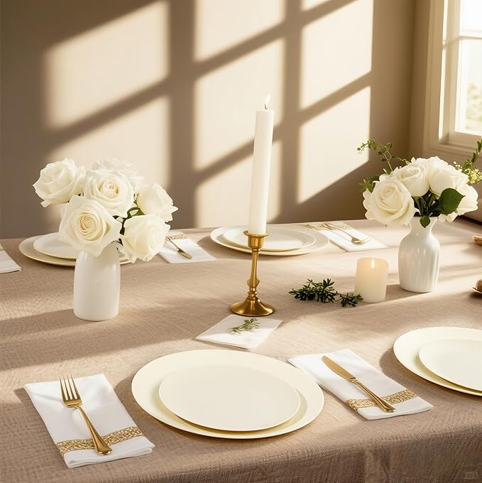 WONDERFUL 32pcs Heavy Duty Thanksgiving Plates Reusable Unbreakable & Dishwasher safe Ivory Plastic Plates Dishes Set Wedding Plate Frosted Design Includes:16 Dinner 10" and 16 Dessert Plate 7.3"
