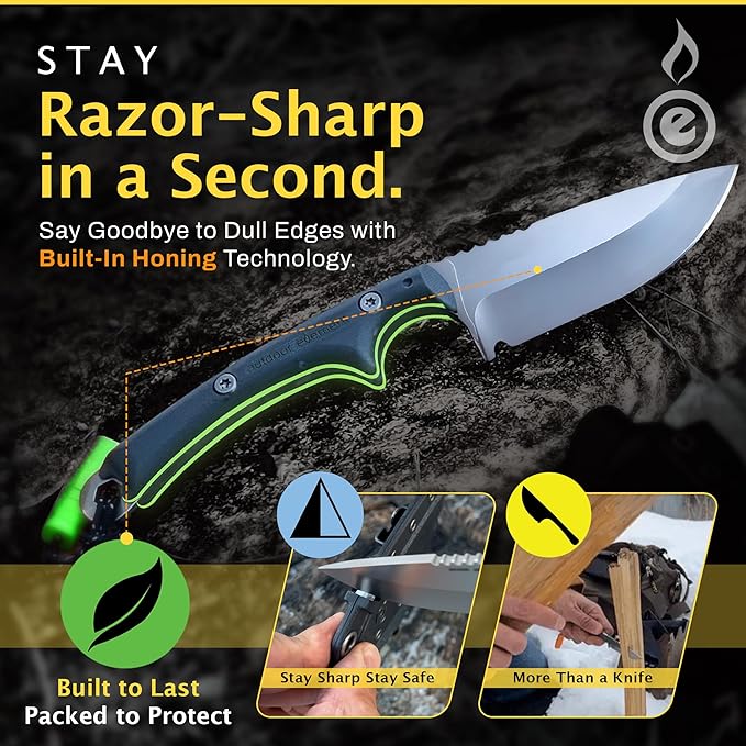 Scout Feather Glow - Fixed Blade Survival Knife with built-in Firestarter for Camping, Hunting, Outdoor Adventure and Culinary Need - VG10 Blade, Whistle, Knife Sharpener, Compact Sheath & G10 Handle