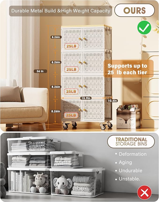 4 Tier Metal Storage Bins and Boxes Organizer, Magnetic Doors & 360°Swivel Lockable Wheels, Easy,labor-Saving, Ocean Life Cutout Pattern, Eco-Aesthetic for Living Room,Bedroom,bathroom,kitchen