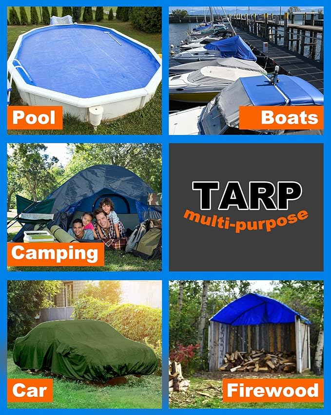 3 Pcs Large Waterproof Tarp 10 x 10 ft Heavy Duty 5.5 Mil Thick Poly Tarpaulin with Grommets Multipurpose Protective Cover for Summer Home Boats Cars Camping Rv Pool Tent