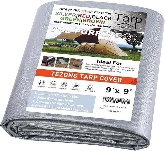 Tarps Heavy Duty Waterproof 9x9ft,TEZONG Silver Tarp 12Mil Plastic Tarpaulin Outdoor Tarp Cover for Emergency Rain,Patio Furniture,Wood,Roof,Camping,Car,Pool