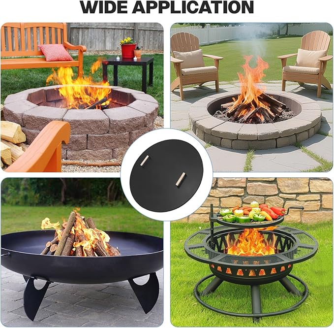 Fire Pit Lid Cover Round - 34" Rust Resistant Powder Coated Steel Firepit Cover or Table with 2 Wooden Handles for Patio Fire Pit, Weatherproof for All Seasons, Fits Fire Pits Up to 32"