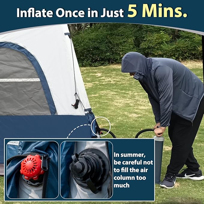 Inflatable Camping Tent for 2-4 Person, Glamping Blow up Tent with Hand Pump, Oxford Waterproof Air Cabin Tent with Mesh Windows & Door