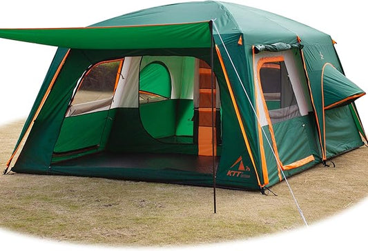 KTT Extra Large Tent 6-10-12-14 Person(A),Family Cabin Tents,2 Rooms,3 Doors and 3 Windows with Mesh,Straight Wall,Waterproof,Double Layer,Big Tent for Outdoor,Picnic,Camping,Family Gathering