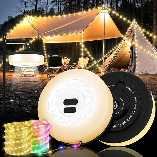 Camping String Lights, 4 in 1 Quick Storage Camping Essentials Gear 32.8FT Rechargeable Tent Lights with 9 Modes Warm +RGB Waterproof Camp Lamp for Camping Hiking Patio Garden Halloween Xmas Decor