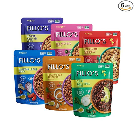 Fillo's Ready to Eat Variety Pack | Black Beans, Lentils, Pinto Beans, Mayocoba Beans | Gluten-Free, Preservative-Free, Microwavable Meals, Non-GMO, Vegan, Plant Protein, 10 oz Pk of 6