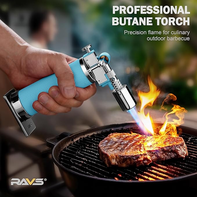RAVS Butane Torch Lighter, Refillable Kitchen Torch with Safety Lock and Adjustable Flame, Creme Brulee Torch for Baking, BBQ, Blue Blow Torch for Cooking, Mens Gifts, Butane Gas Not Included