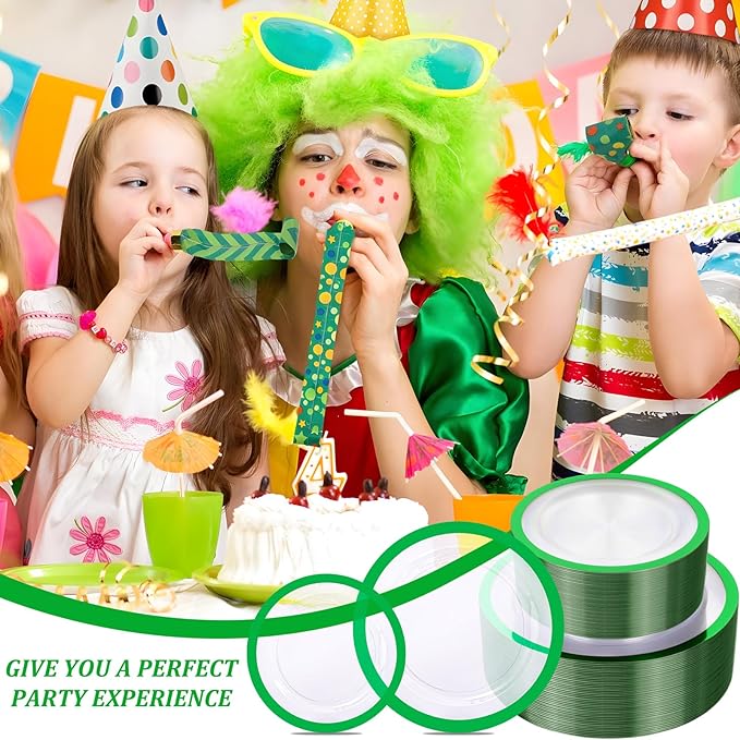 U-QE 120PCS Clear Green Plastic Plates - Clear Plastic Plate Disposable Heavy Duty- Include 60 10" Dinner and 60 7" Dessert Plates, Perfect for Party, Wedding