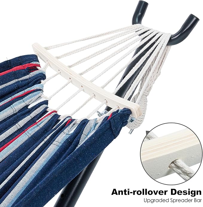 Double Hammock with Stand for Outside, Upgraded Spreader Bar, Heavy Duty Space Saving Steel Stand 2 Person, Convenient Pockets, Easy Assembly, 600lbs Weight Capacity, Indoor & Outdoor (Night)