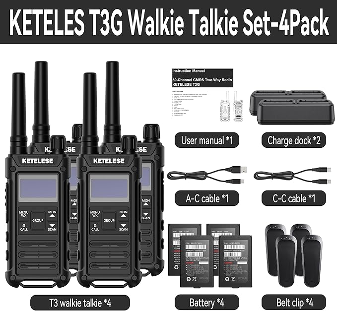 T3G IP67 Waterproof Walkie Talkies Rechargeable, Heavy Duty 2 Way Radios with Earpiece and Mic, Dock, USB, NOAA Weather Alert, Group PTT (4 Pack), Black/Grey
