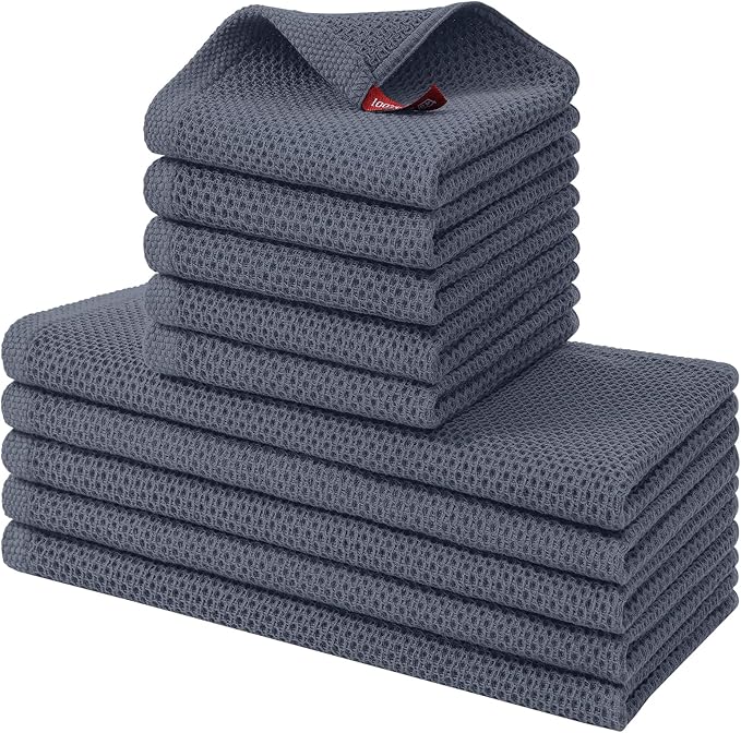 Kitinjoy 100% Cotton Kitchen Towels and Dishcloths Set, 10 Pack-13" x 28" and 12" x 12" Waffle Weave Dish Towels, Ultra Soft Absorbent Quick Drying Dish Rags, Dark Grey