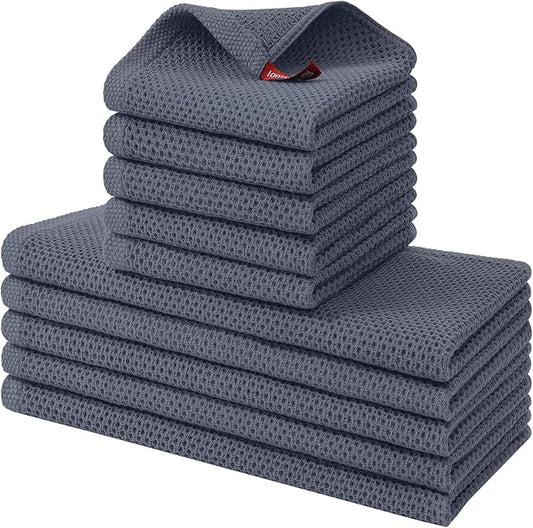 Kitinjoy 100% Cotton Kitchen Towels and Dishcloths Set, 10 Pack-13" x 28" and 12" x 12" Waffle Weave Dish Towels, Ultra Soft Absorbent Quick Drying Dish Rags, Dark Grey