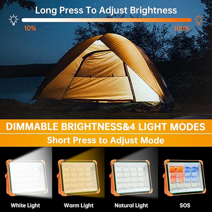 Portable Solar Rechargeable Work Light - Job Site Security Lighting with Stand, 4 Modes Waterproof Outdoor Lights, LED Cordless Flood Lights for Camping, Fish, Car Repair, Emergency Power Failure
