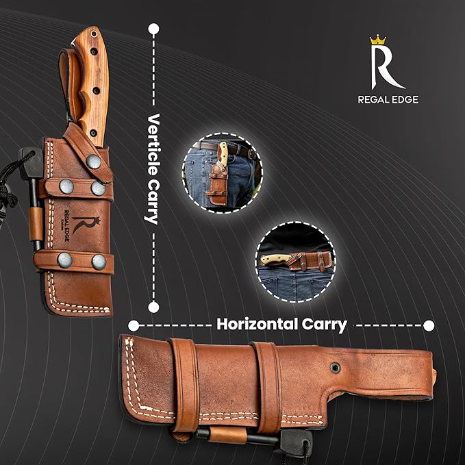 Fixed Blade Knife 10” Hunting Knife With Fire Starter And Leather Sheath - Olive Wood Handle Survival Knives for Camping, Hiking, and Outdoor Use By Regal Edge