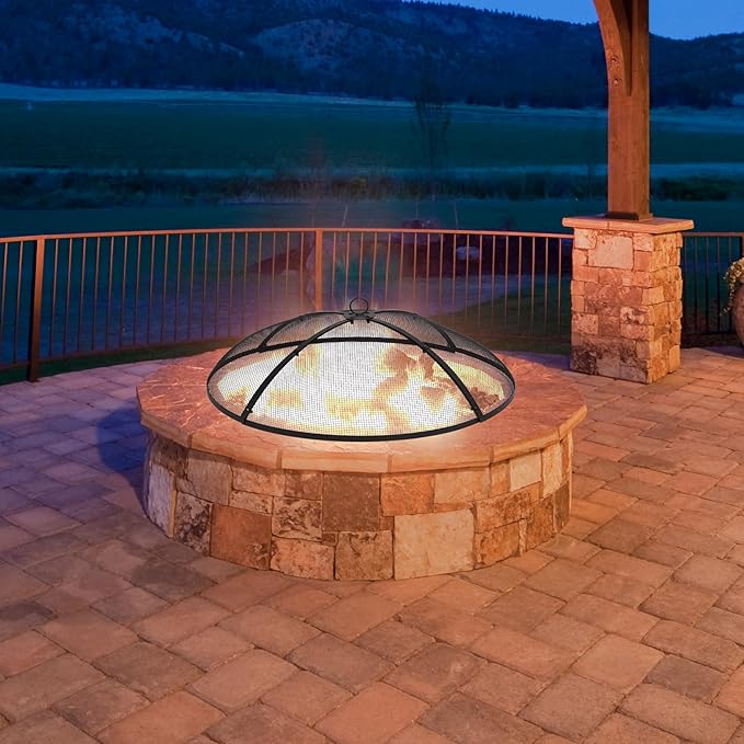 Lineslife Fire Pit Spark Screen, 30 Inch Fire Pit Screen Cover with Handle & Poker, Heavy Duty Collapsible Steel Firepit Mesh Screens, Metal Firepit Lid for Outdoor/Patio/Backyard/RV Camping/Beach